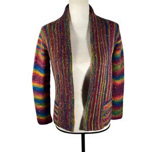 Handmade Rainbow Striped Knit Cardigan Open Front Sweater XS/S colorful boho